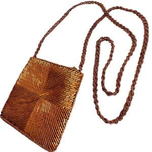 Vintage 80's Bronze Tone Beaded Evening Bag 21" Strap